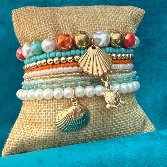 Gold Shell & Turtle Multicolor Strand Beaded Bracelet Set NEW - Picture 2 of 3